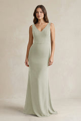V - Neck Sheath Satin Maxi Bridesmaid Dress in Frost - KissProm Bridesmaid Dresses