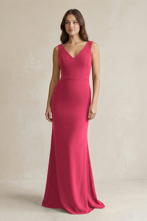 fuchsia satin maxi dress V-Neck Sheath Satin Maxi Bridesmaid Dress in Fuchsia