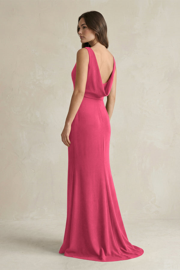 V - Neck Sheath Satin Maxi Bridesmaid Dress in Fuchsia - KissProm Bridesmaid Dresses