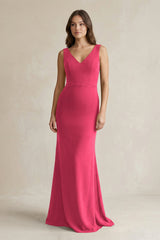 V - Neck Sheath Satin Maxi Bridesmaid Dress in Fuchsia - KissProm Bridesmaid Dresses