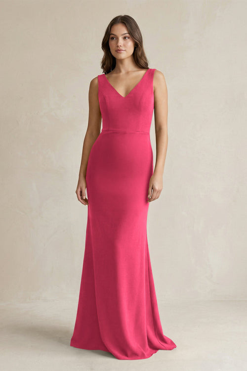 V - Neck Sheath Satin Maxi Bridesmaid Dress in Fuchsia - KissProm Bridesmaid Dresses