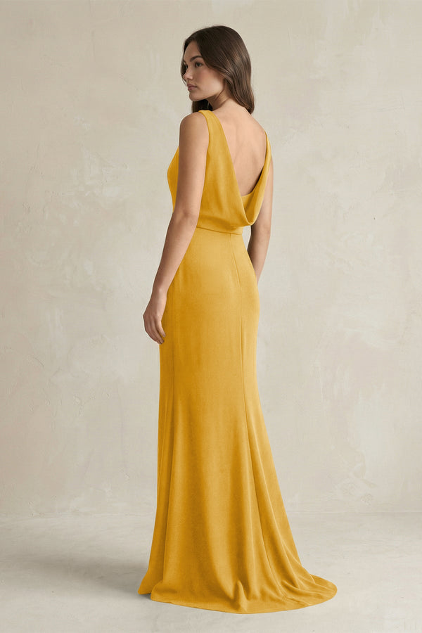 V - Neck Sheath Satin Maxi Bridesmaid Dress in Gold - KissProm Bridesmaid Dresses
