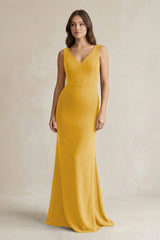 V - Neck Sheath Satin Maxi Bridesmaid Dress in Gold - KissProm Bridesmaid Dresses