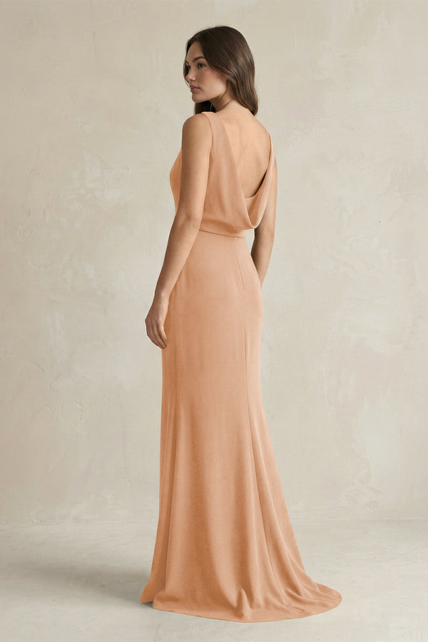 V - Neck Sheath Satin Maxi Bridesmaid Dress in Golden Champagne - KissProm Bridesmaid Dresses