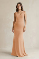 V - Neck Sheath Satin Maxi Bridesmaid Dress in Golden Champagne - KissProm Bridesmaid Dresses