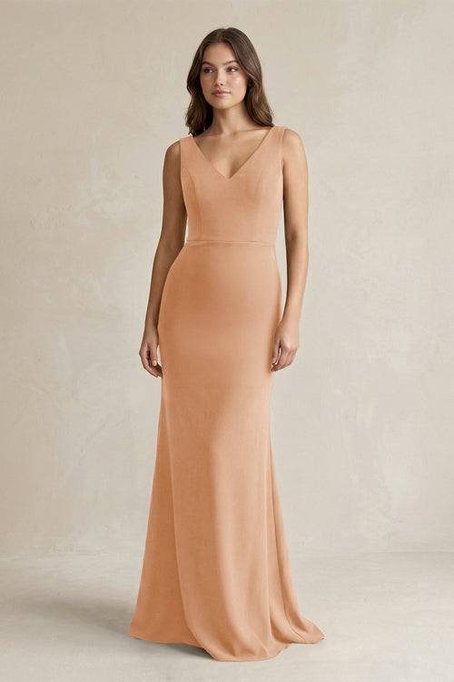 V - Neck Sheath Satin Maxi Bridesmaid Dress in Golden Champagne - KissProm Bridesmaid Dresses
