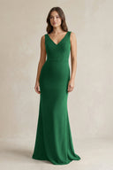 V - Neck Sheath Satin Maxi Bridesmaid Dress in Green - KissProm Bridesmaid Dresses