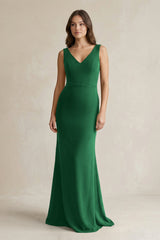 V - Neck Sheath Satin Maxi Bridesmaid Dress in Green - KissProm Bridesmaid Dresses