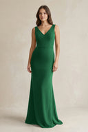 V - Neck Sheath Satin Maxi Bridesmaid Dress in Green - KissProm Bridesmaid Dresses
