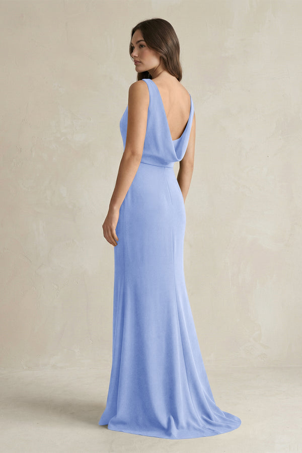 V - Neck Sheath Satin Maxi Bridesmaid Dress in Ice - KissProm Bridesmaid Dresses