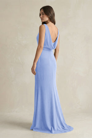 V - Neck Sheath Satin Maxi Bridesmaid Dress in Ice - KissProm Bridesmaid Dresses