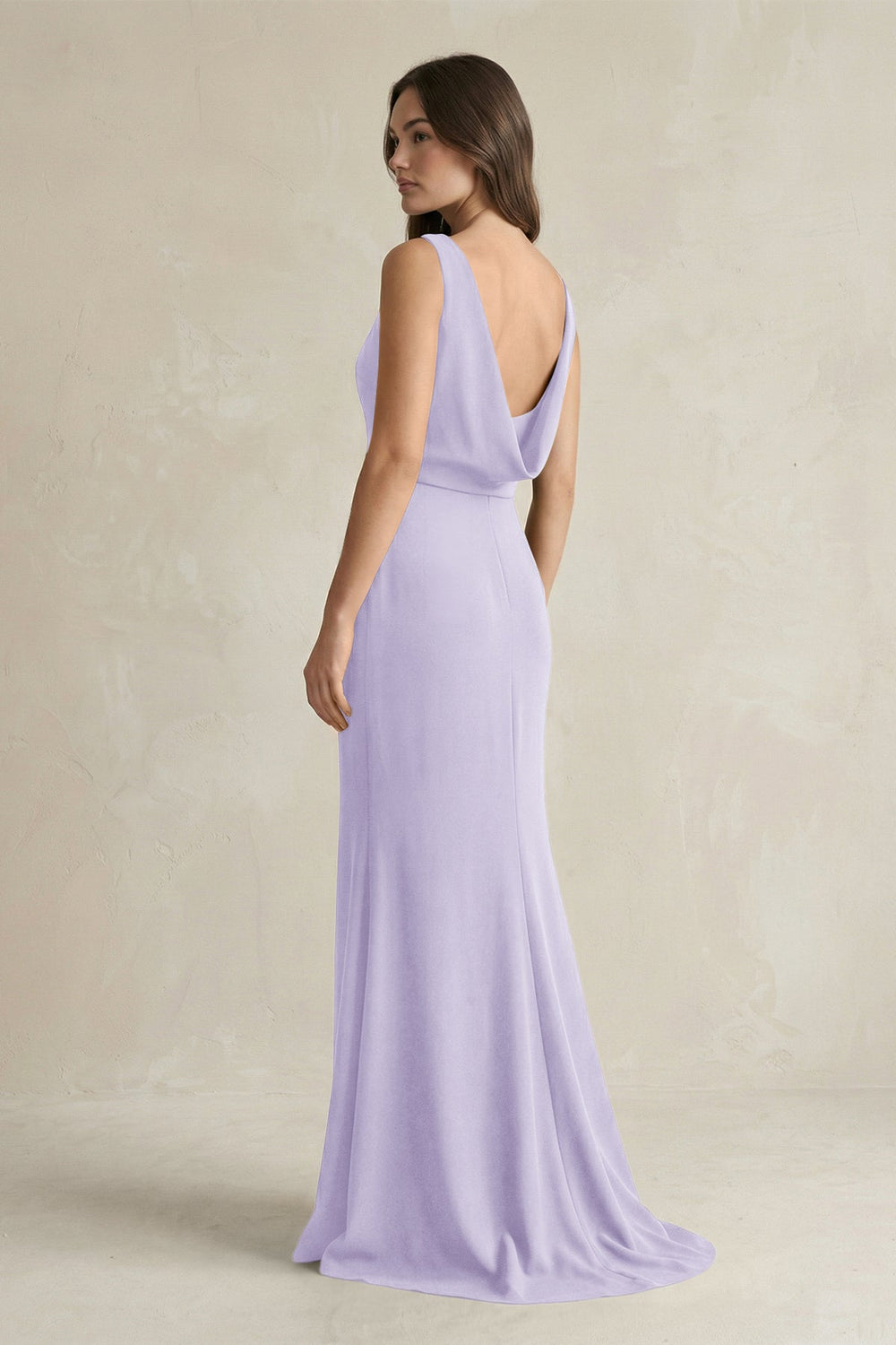 V - Neck Sheath Satin Maxi Bridesmaid Dress in Lavender - KissProm Bridesmaid Dresses