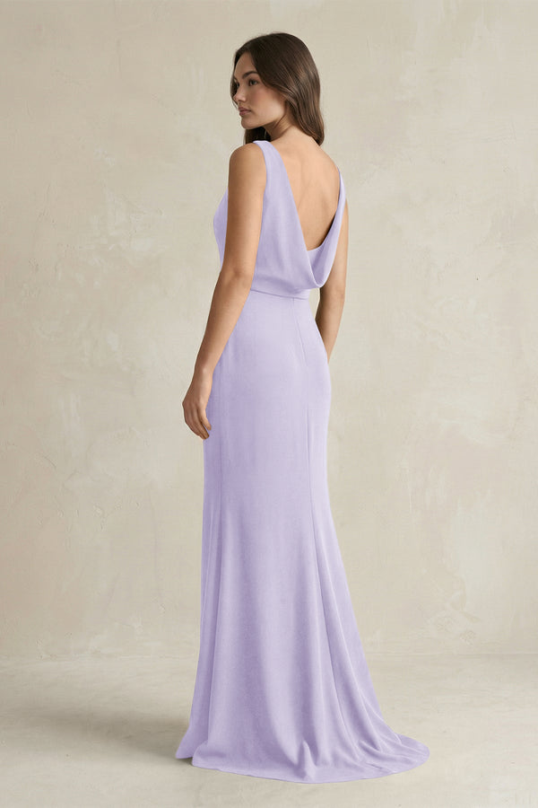 V - Neck Sheath Satin Maxi Bridesmaid Dress in Lavender - KissProm Bridesmaid Dresses