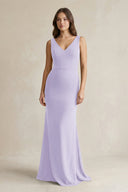 V - Neck Sheath Satin Maxi Bridesmaid Dress in Lavender - KissProm Bridesmaid Dresses