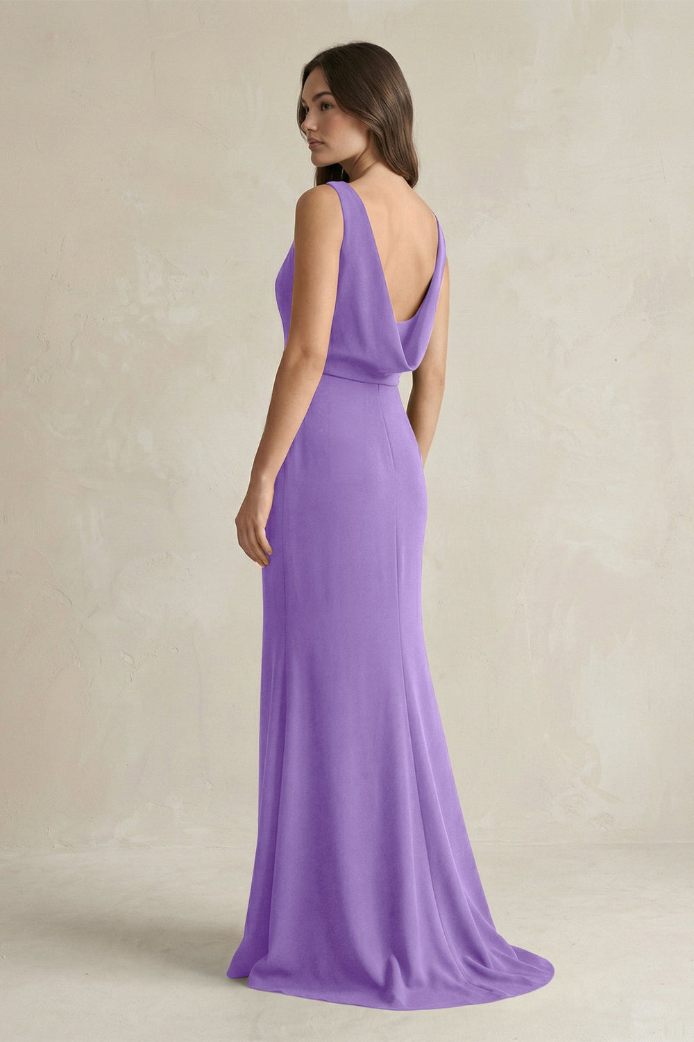 V - Neck Sheath Satin Maxi Bridesmaid Dress in Lilac - KissProm Bridesmaid Dresses
