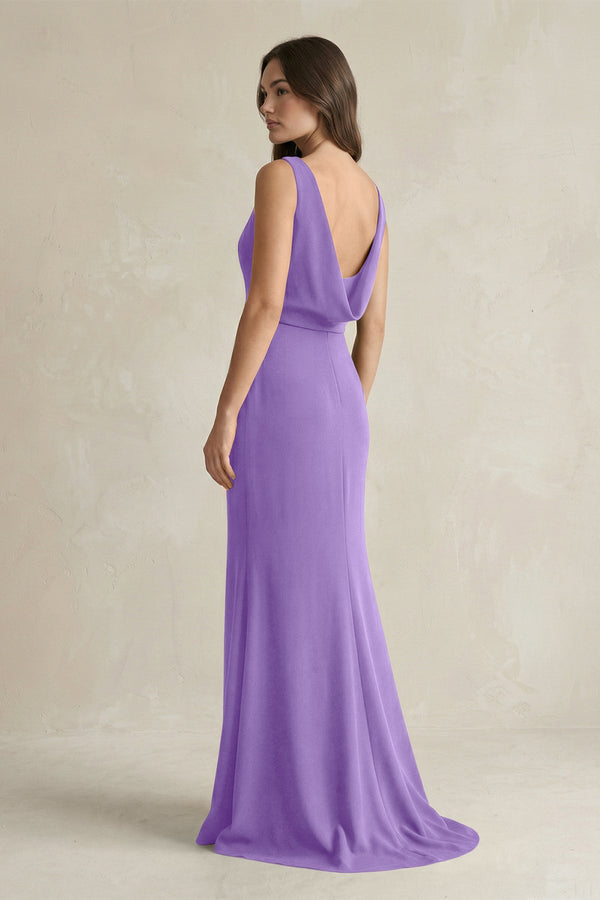 V - Neck Sheath Satin Maxi Bridesmaid Dress in Lilac - KissProm Bridesmaid Dresses