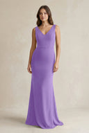 V - Neck Sheath Satin Maxi Bridesmaid Dress in Lilac - KissProm Bridesmaid Dresses