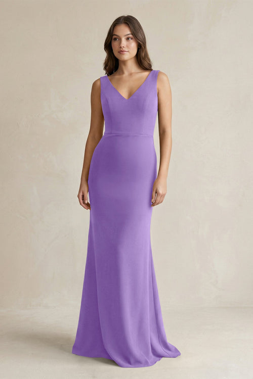 V - Neck Sheath Satin Maxi Bridesmaid Dress in Lilac - KissProm Bridesmaid Dresses
