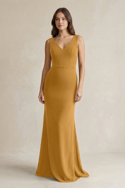 V - Neck Sheath Satin Maxi Bridesmaid Dress in Marigold - KissProm Bridesmaid Dresses