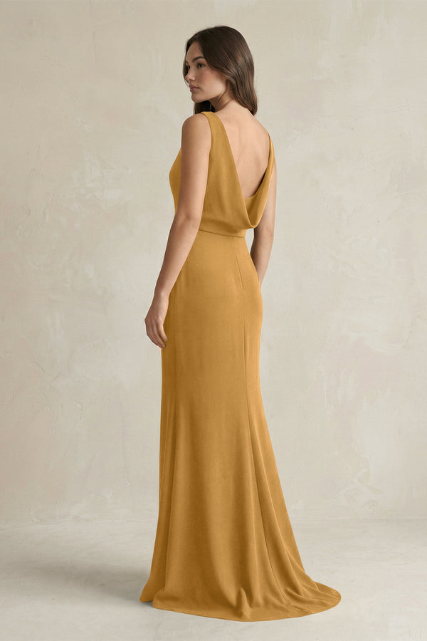 V - Neck Sheath Satin Maxi Bridesmaid Dress in Marigold - KissProm Bridesmaid Dresses