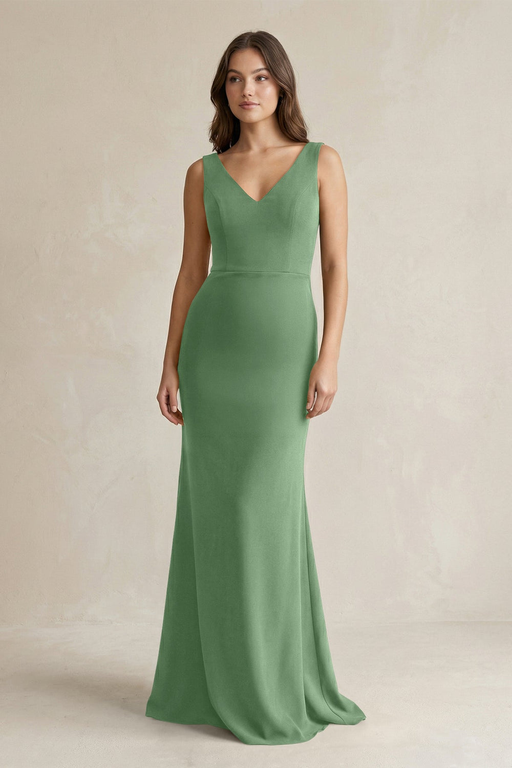 V - Neck Sheath Satin Maxi Bridesmaid Dress in Matcha - KissProm Bridesmaid Dresses