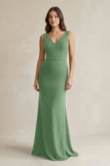 V - Neck Sheath Satin Maxi Bridesmaid Dress in Matcha - KissProm Bridesmaid Dresses