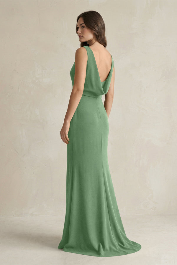 V - Neck Sheath Satin Maxi Bridesmaid Dress in Matcha - KissProm Bridesmaid Dresses