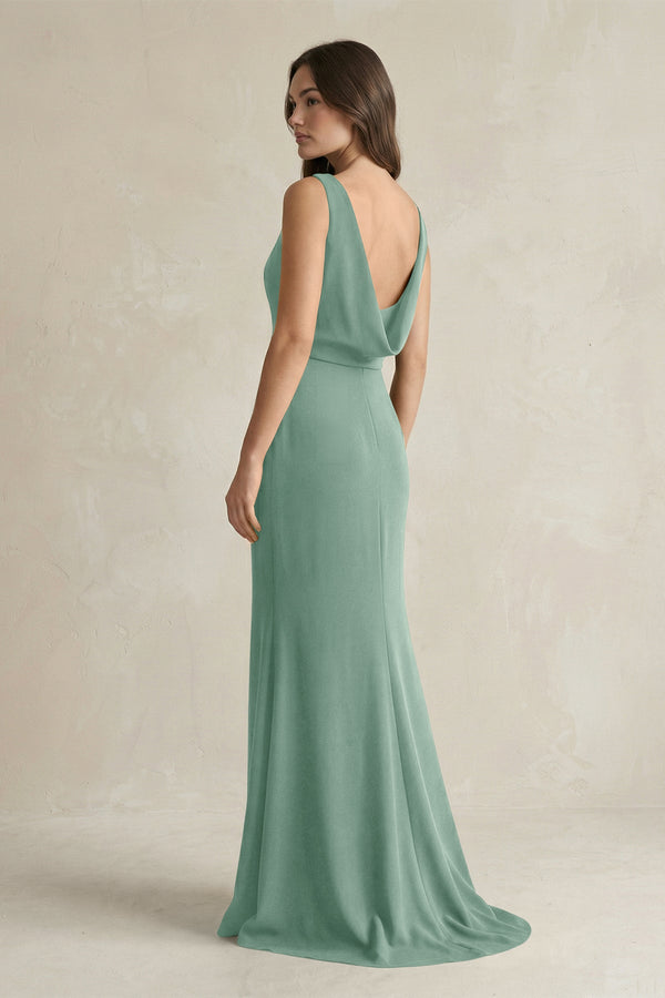 V - Neck Sheath Satin Maxi Bridesmaid Dress in Mint Green - KissProm Bridesmaid Dresses