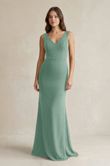 V - Neck Sheath Satin Maxi Bridesmaid Dress in Mint Green - KissProm Bridesmaid Dresses
