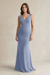 V - Neck Sheath Satin Maxi Bridesmaid Dress in Mist - KissProm Bridesmaid Dresses