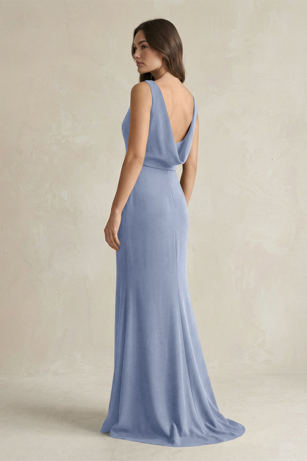 V - Neck Sheath Satin Maxi Bridesmaid Dress in Mist - KissProm Bridesmaid Dresses