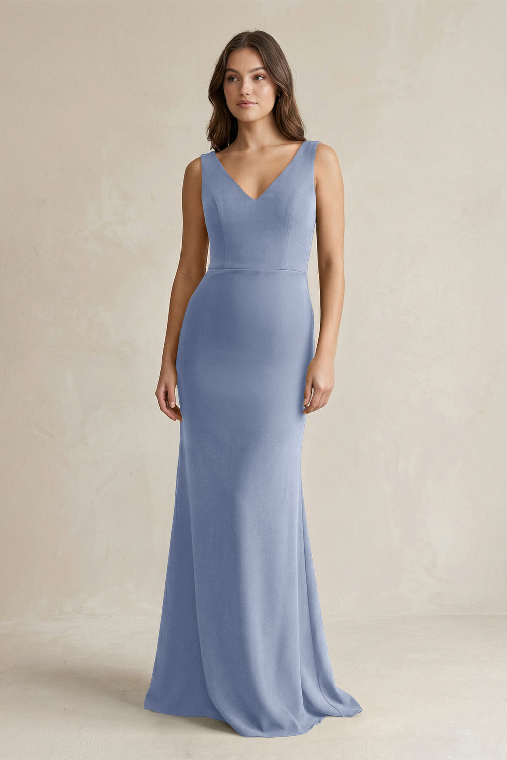 V - Neck Sheath Satin Maxi Bridesmaid Dress in Mist - KissProm Bridesmaid Dresses