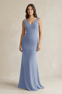 V - Neck Sheath Satin Maxi Bridesmaid Dress in Mist - KissProm Bridesmaid Dresses