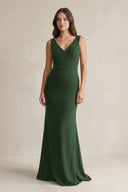 V - Neck Sheath Satin Maxi Bridesmaid Dress in Moss - KissProm Bridesmaid Dresses