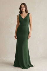 V - Neck Sheath Satin Maxi Bridesmaid Dress in Moss - KissProm Bridesmaid Dresses