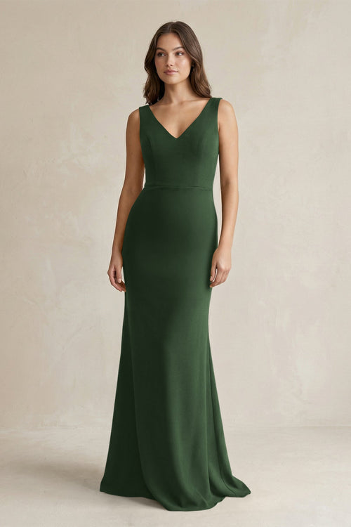 V - Neck Sheath Satin Maxi Bridesmaid Dress in Moss - KissProm Bridesmaid Dresses