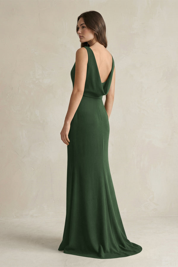 V - Neck Sheath Satin Maxi Bridesmaid Dress in Moss - KissProm Bridesmaid Dresses