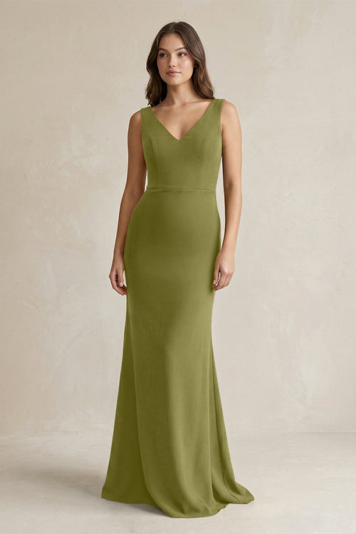V - Neck Sheath Satin Maxi Bridesmaid Dress in Moss Green - KissProm Bridesmaid Dresses