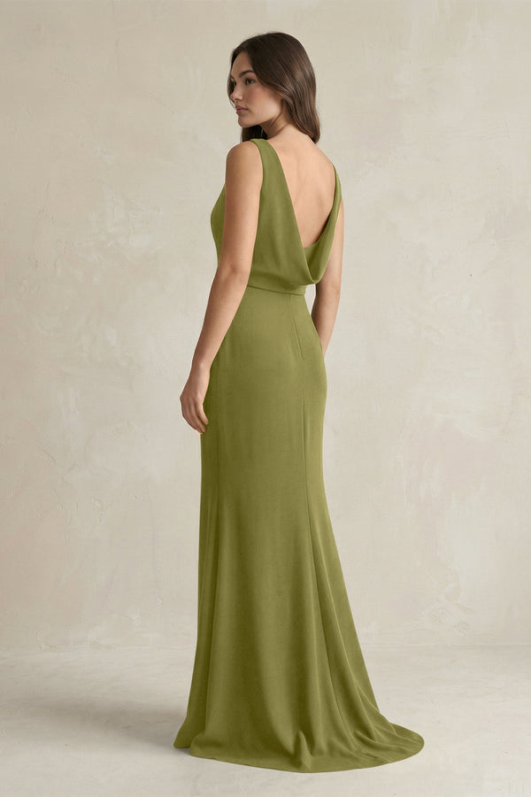 V - Neck Sheath Satin Maxi Bridesmaid Dress in Moss Green - KissProm Bridesmaid Dresses