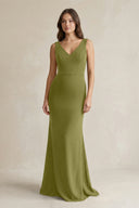 V - Neck Sheath Satin Maxi Bridesmaid Dress in Moss Green - KissProm Bridesmaid Dresses