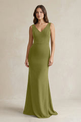 V - Neck Sheath Satin Maxi Bridesmaid Dress in Moss Green - KissProm Bridesmaid Dresses