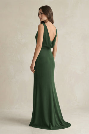 V - Neck Sheath Satin Maxi Bridesmaid Dress in Moss - KissProm Bridesmaid Dresses