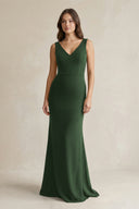 V - Neck Sheath Satin Maxi Bridesmaid Dress in Moss - KissProm Bridesmaid Dresses