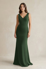 V - Neck Sheath Satin Maxi Bridesmaid Dress in Moss - KissProm Bridesmaid Dresses