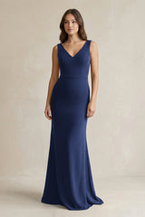 V - Neck Sheath Satin Maxi Bridesmaid Dress in Navy - KissProm Bridesmaid Dresses