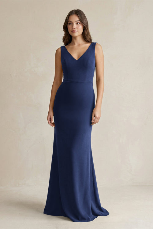 V - Neck Sheath Satin Maxi Bridesmaid Dress in Navy - KissProm Bridesmaid Dresses