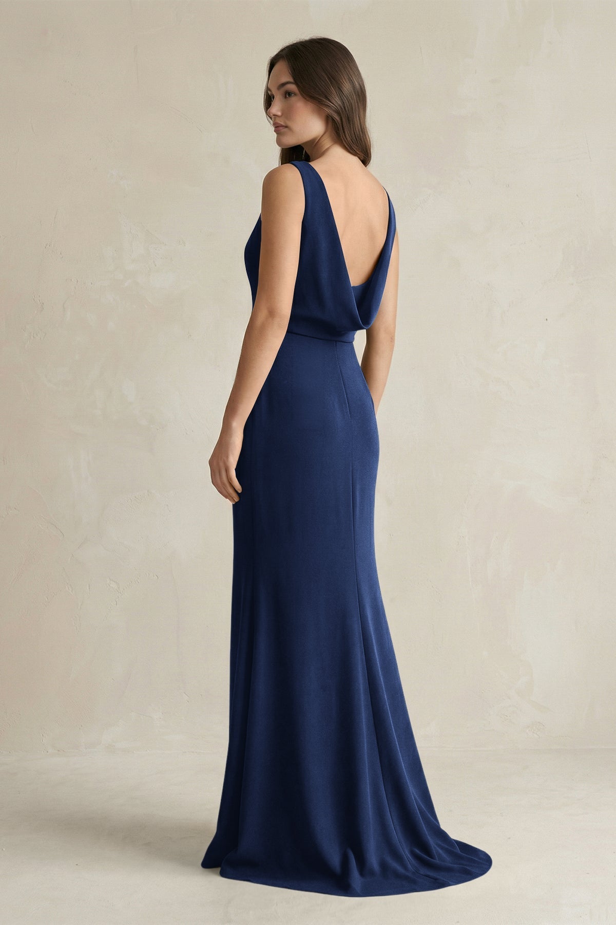 KissProm | V-Neck Sheath Satin Maxi Bridesmaid Dress in Navy KissProm | V-Neck Sheath Satin Maxi Bridesmaid Dress in Navy