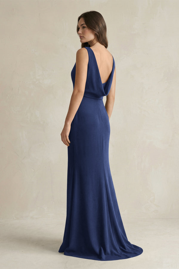 V - Neck Sheath Satin Maxi Bridesmaid Dress in Navy - KissProm Bridesmaid Dresses