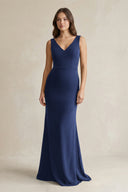 V - Neck Sheath Satin Maxi Bridesmaid Dress in Navy - KissProm Bridesmaid Dresses