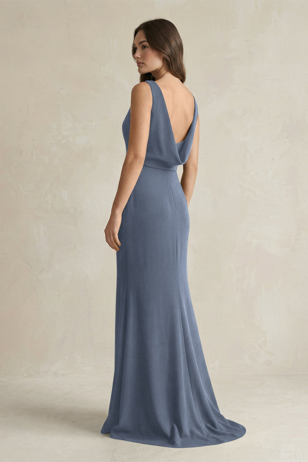V - Neck Sheath Satin Maxi Bridesmaid Dress in Neptune - KissProm Bridesmaid Dresses